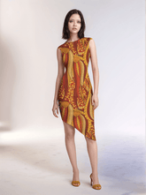 Ame dress by Blissfully Brand, a stunning asymmetrical dress with a vibrant orange and gold abstract print